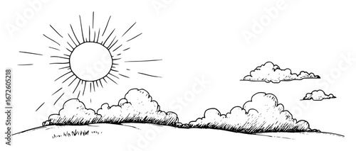 sun shining over clouds and hills minimal line landscape