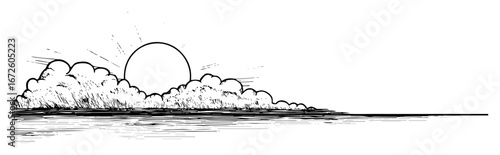sunset over ocean with clouds and reflection tranquil line art
