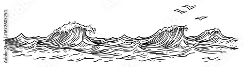 crashing ocean waves with birds flying above dynamic sea drawing