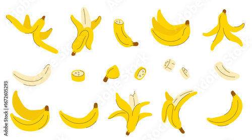 Hand-drawn banana set. Simple sketch collection of whole bananas, peeled fruit, slices, chopped pieces, and empty peels. Vector illustration of tropical fruit design.