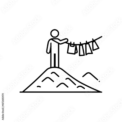Stick figure hanging clothes laundry on clothesline vector illustration line art design concept for graphic design
