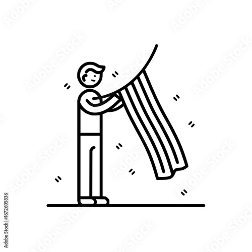 Man hanging striped curtain vector illustration simple line art home decor design interior decoration element