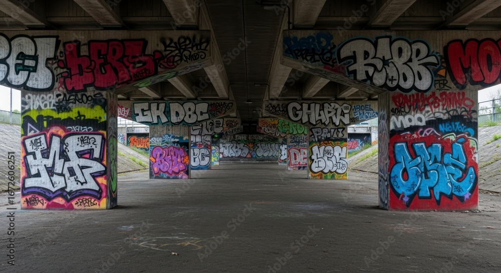 Obraz premium Vibrant graffiti art adorns concrete pillars beneath a highway overpass, creating a colorful and urban scene.