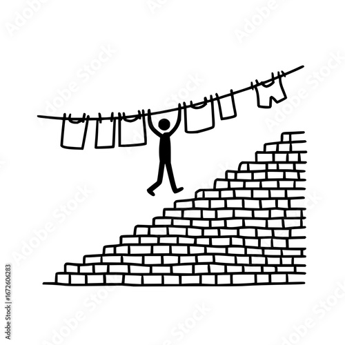 Stick figure obstacle course challenge hanging from clothesline over brick wall illustration art vector image