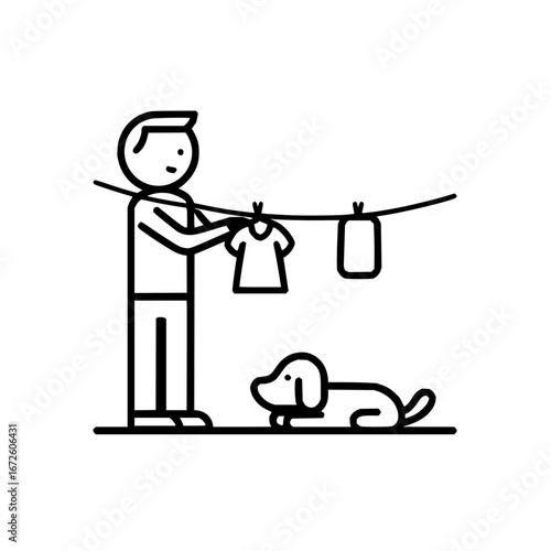 Laundry day chores vector art illustration featuring man hanging clothes with dog watching vector image