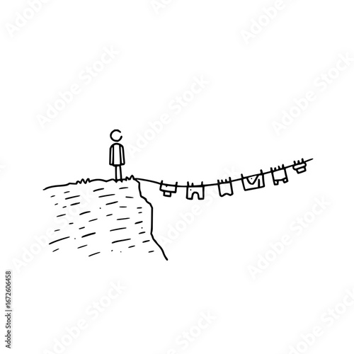 Stick figure laundry day vector art illustration drawing on cliff edge design graphic minimalist line art