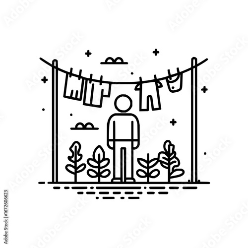 Hanging clothesline with person in garden vector line art illustration laundry and outdoor drying concept