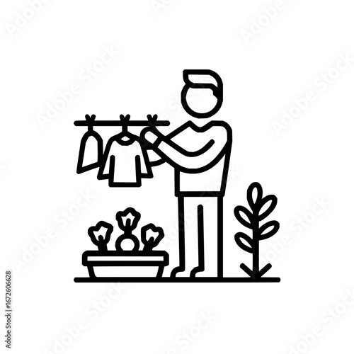 Person hanging clothes outdoor and gardening vector illustration line art style design concept vector image