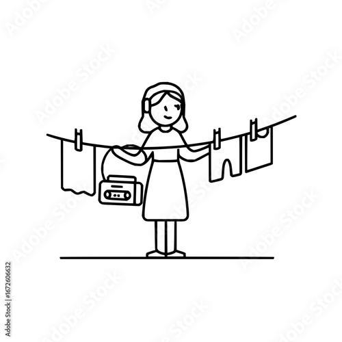 Woman doing laundry hanging clothes on line with radio illustration vector art design and clip art image