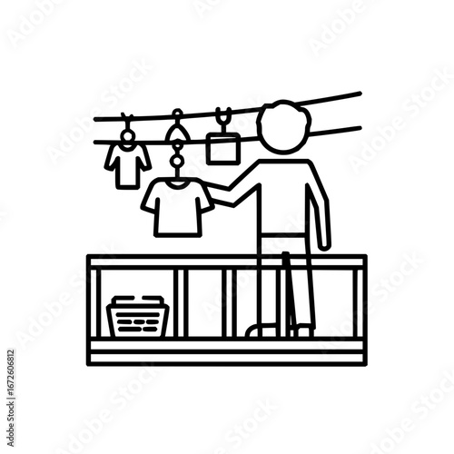 Clothesline laundry drying hanging clothes outdoor domestic chores household activity linear vector art