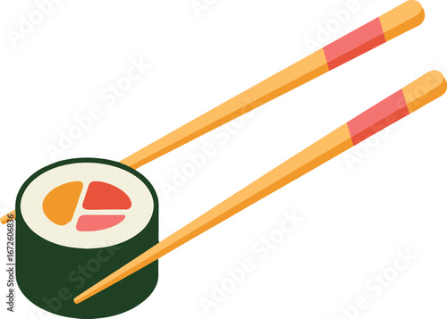 Sushi Roll with Chopsticks, Delicious Sushi Icon, Japanese Cuisine Illustration, Chopsticks and Maki, Asian Food Graphic