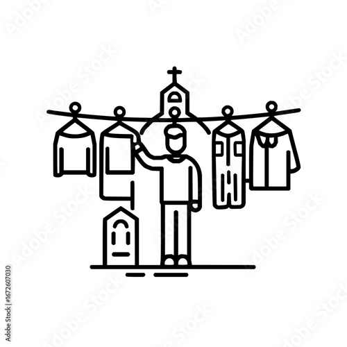 Vintage clothing sale event near church vector line art for thrift store promotion and community bazaar day