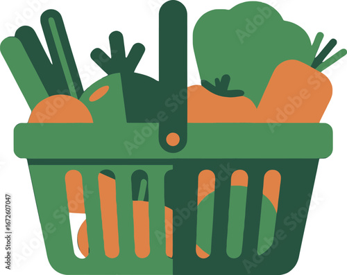 Green Shopping Basket with Vegetables, Fresh Produce Grocery Shopping, Healthy Eating Vegetable Basket, Farm Fresh Carrots and Greens, Organic Vegetables in Basket
