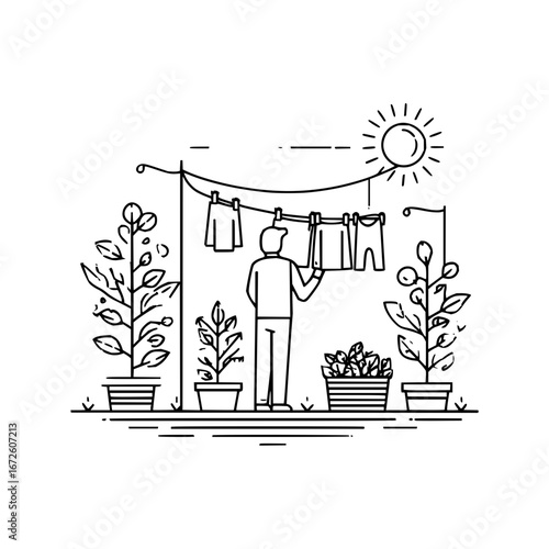 Line art illustration of man hanging clothes on clothesline outdoors surrounded by potted plants and sunshine