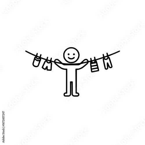 Stick figure hanging laundry on clothesline drying clothes simple line art vector illustration image