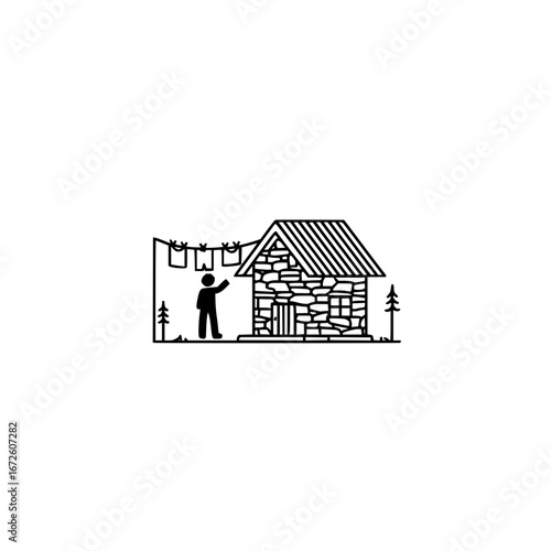 Minimalist stone cabin with clothesline vector illustration for rustic home decor and outdoor adventure designs