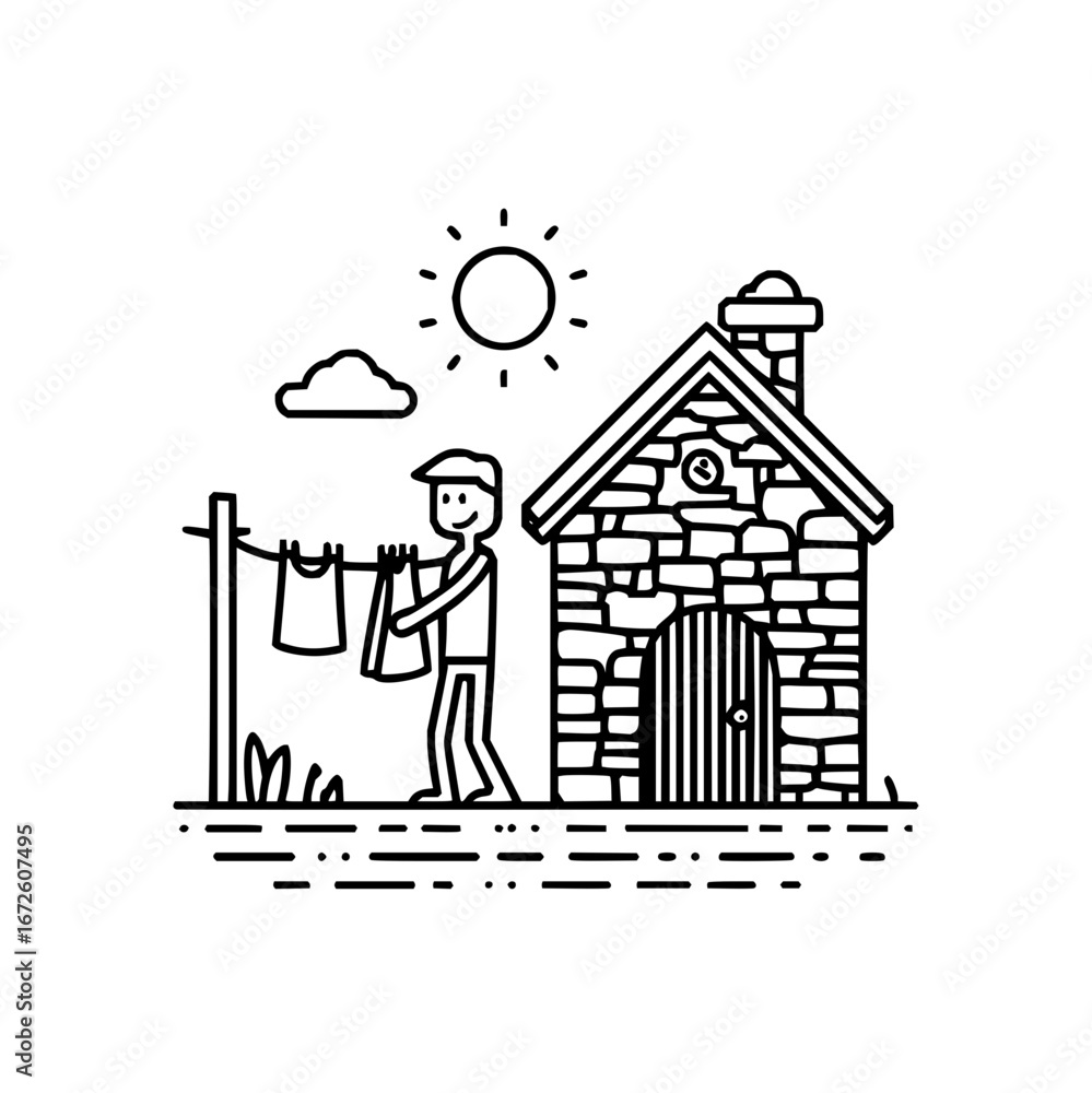 Fototapeta premium Man hanging laundry line art vector illustration for home chores and outdoor lifestyle concept design vector