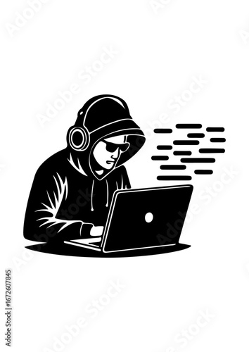 Hacker in Hoodie Working on Laptop