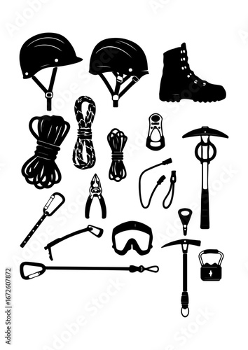 Mountaineering and Climbing Gear Icon Set