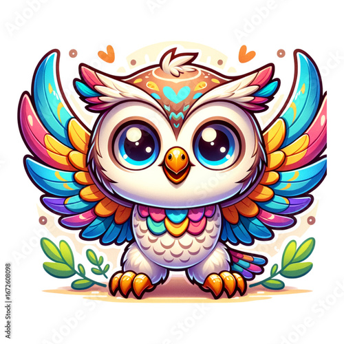 Whimsical Owl Illustration: A charming, colorful owl illustration, showcasing a unique blend of vibrant hues, adorning the creature with an enchanting aesthetic.