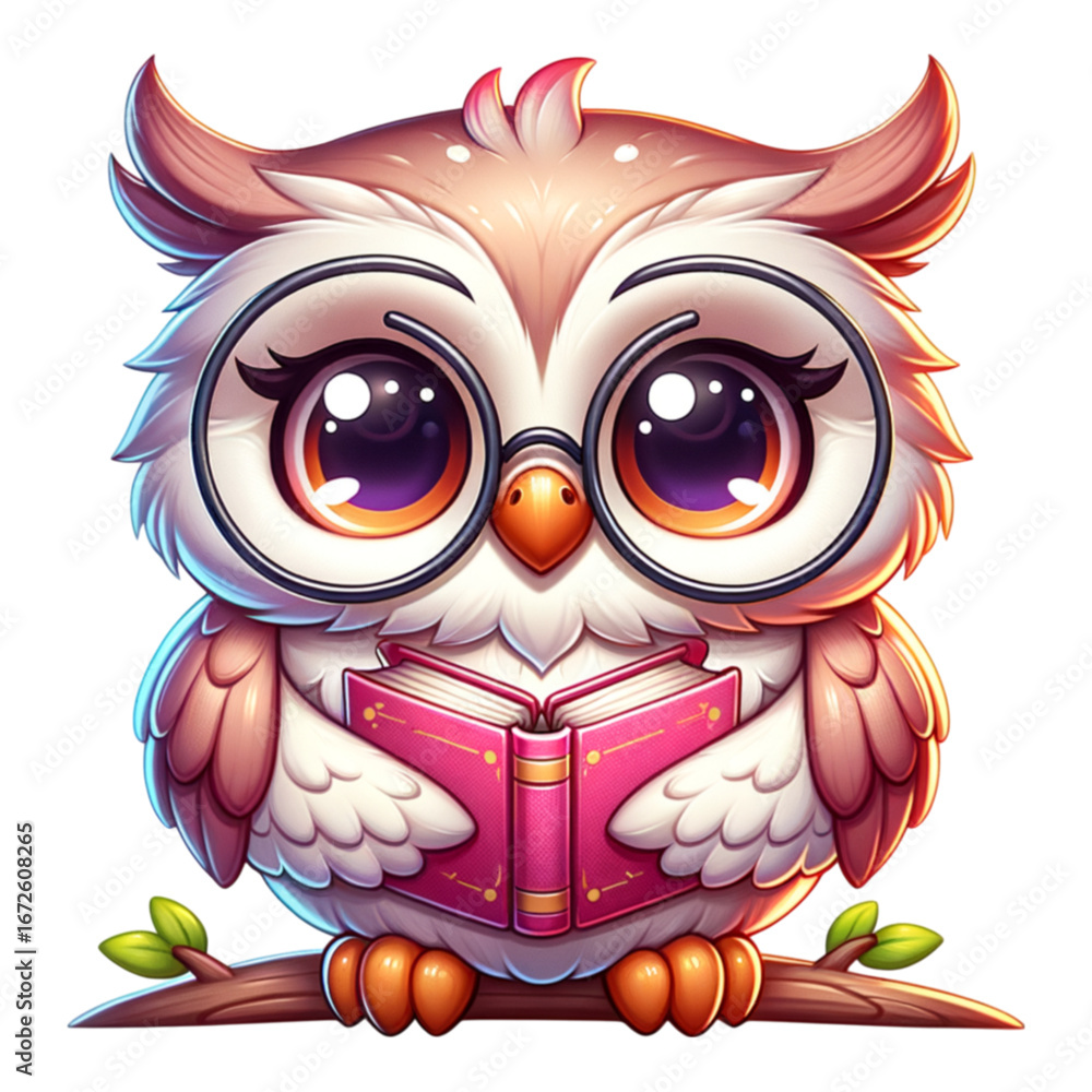 Fototapeta premium Wise Owl Reading Book: A cute, cartoonish owl, adorned with glasses, sits perched, engrossed in a book on a branch
