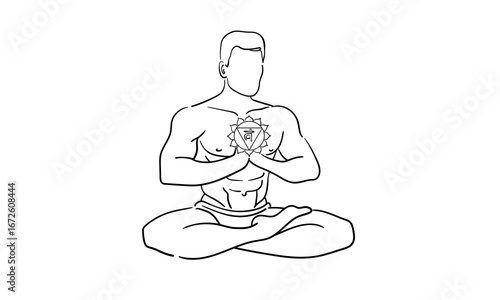 Muscular man sitting in yoga pose with palms folded at chest level, continuous line art isolated on white background. Relax line art drawing. Manipura Chakra outline. Vector illustration	