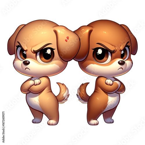 Grumpy Pup Duo: Two adorable, cartoon-style puppies express a range of emotions, their expressive eyes and body language showcasing their feelings. 