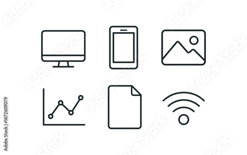 simple outline stroke icon isolated on white background: display screen frame image icon chart lines page box signal mark