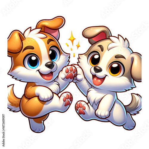 Animated Puppy Pals Celebrating: A cheerful duo of animated puppies engage in a playful high-five, capturing a moment of joy and camaraderie through digital artistry.