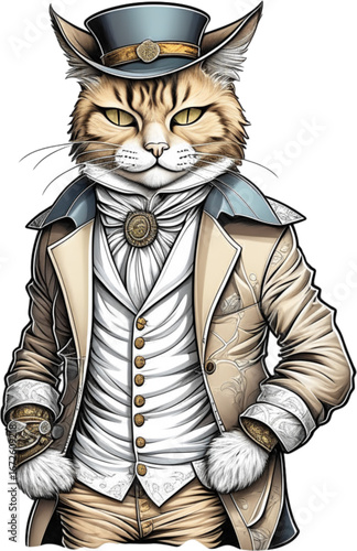Steampunk Cat: An anthropomorphic cat, dressed in a victorian-era steampunk attire, poses with a touch of sophistication. Its gaze invites curiosity.