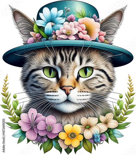 Floral Feline Portrait: A charming and artful close-up of a cat adorned with a colorful floral hat and a wreath, conveying a sense of whimsy, elegance, and natural beauty.