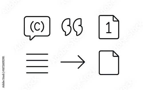 simple outline stroke icon isolated on white background: citation quote marks page number text lines arrow icon document sheet