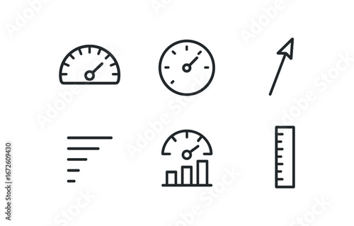 simple outline stroke icon isolated on white background: indicator gauge dial arrow needle scale lines chart face measure mark