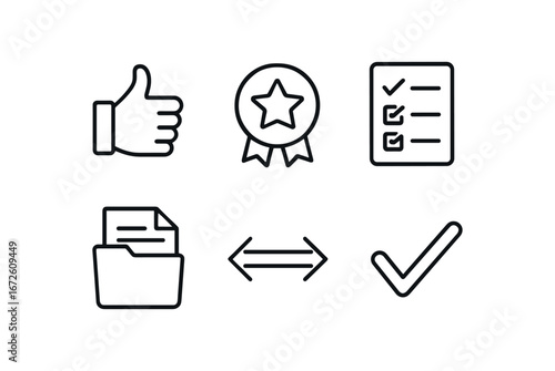 simple outline stroke icon isolated on white background: recommendation badge check list folder sheet arrow line approval mark