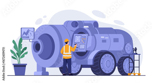 A technician inspects a futuristic, large-scale industrial machine in a modern facility.