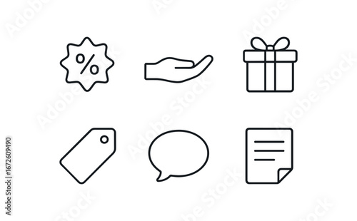 simple outline stroke icon isolated on white background: offer open hand gift box tag mark speech bubble note sheet