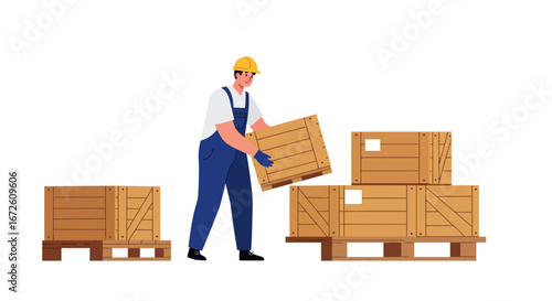A male warehouse worker in a hard hat and blue overalls carefully stacks wooden crates onto pallets.