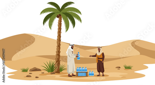 Two men in traditional desert attire exchanging bottled water under a palm tree in a sandy landscape.