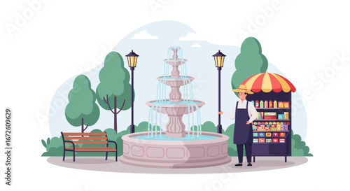 A park scene featuring a tiered fountain, vendor, bench, and trees under a blue sky.