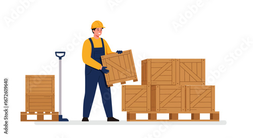 A warehouse worker wearing a hard hat stacking wooden crates on a pallet.