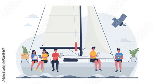 A group of young adults sit on a sailboat using laptops and tablets, with a satellite in the sky, conveying a sense of modern, connected leisure.