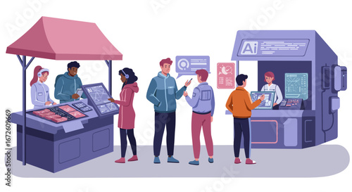A vibrant outdoor market scene with people browsing stalls, including one showcasing AI technology and another selling food under a pink canopy.