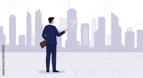 Businessman looking at cityscape, contemplating future urban development.