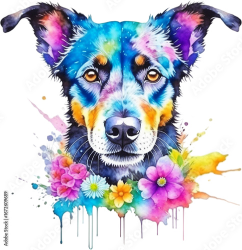 Colorful Canine Art: A vivid watercolor portrait of a dog, blending vibrant hues and floral accents, creating a playful and artistic image.