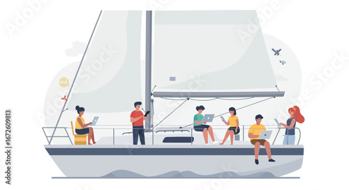 Diverse group of people working remotely on laptops and phones while sailing on a yacht, enjoying a mobile workspace at sea.