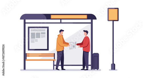 Two men exchanging documents at a bus stop, with luggage present, awaiting transport.