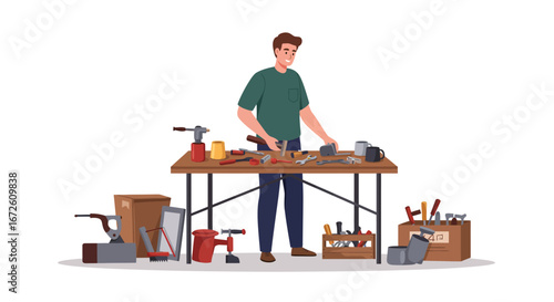 A man diligently works at a cluttered workbench, surrounded by various hand tools and equipment, engaged in a repair or crafting project.