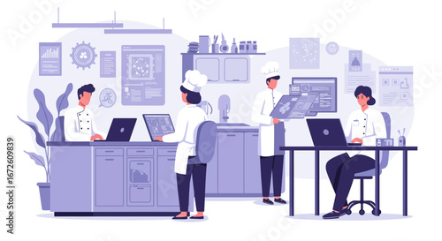 Culinary professionals collaborate in a modern kitchen setting, utilizing technology for food development and management.