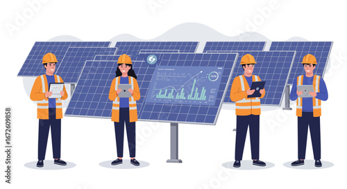 A team of engineers inspects solar panels, analyzing data and monitoring performance.