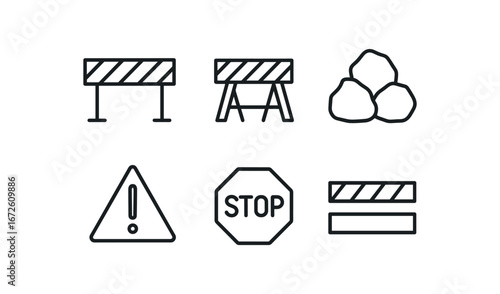 simple outline stroke icon isolated on white background: obstacle road rock pile caution sign stop mark barrier lines